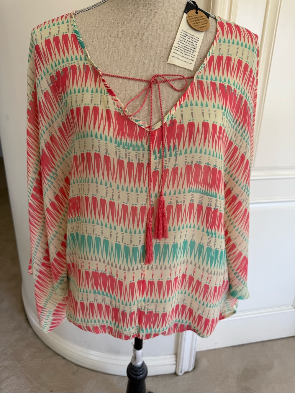 Sanctuary Coral and Teal Patterned V-Neck Tassel Blouse